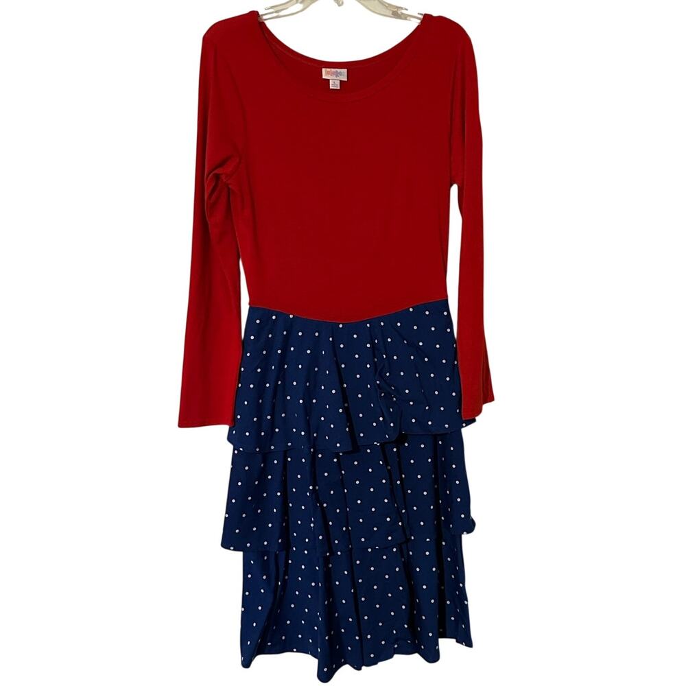 Lularoe Georgia Tiered American Dots Midi Dress Red Blue Womens Size L Supergirl